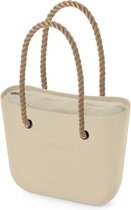 O bag classic schoudertas in beige, compleet met lange naturel touw hengsels en canvas binnentas in naturel