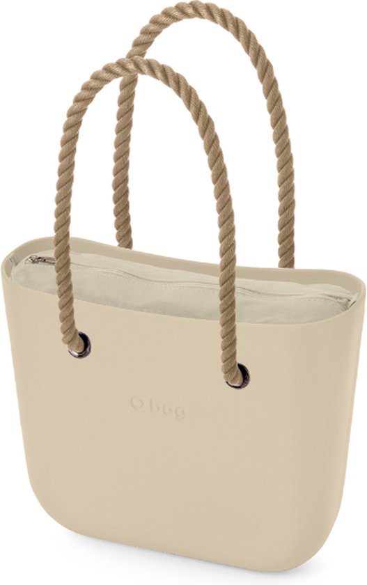 O bag classic schoudertas in beige, compleet met lange naturel touw hengsels en canvas binnentas in naturel