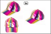 3x Baseball cap regenboog metallic - Themafeest party fun rainbow festival carnaval thema feest