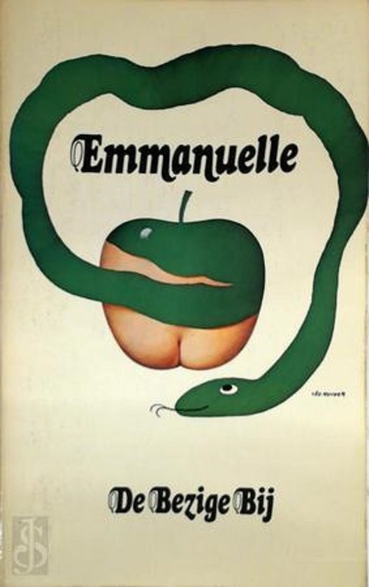 Groene slang om een appel met billen, titel "Emmanuelle" en "De Bezige Bij".