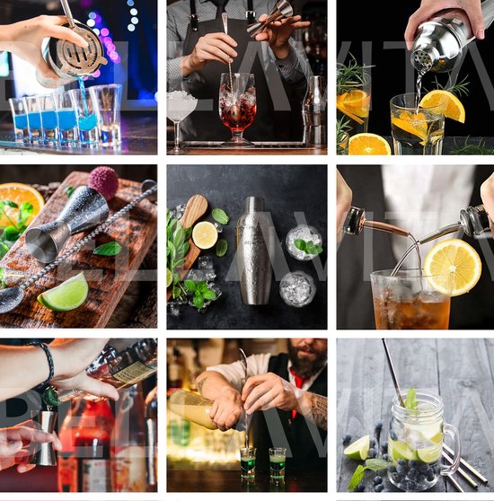 BELLAVITA ® Cocktail Set - 16-delig - 750ml - Cocktail shaker - Cocktailset - Cocktailshaker - Bartender set - Maatbeker - RVS - Bamboe - Drank - Drankjes maken - Feest