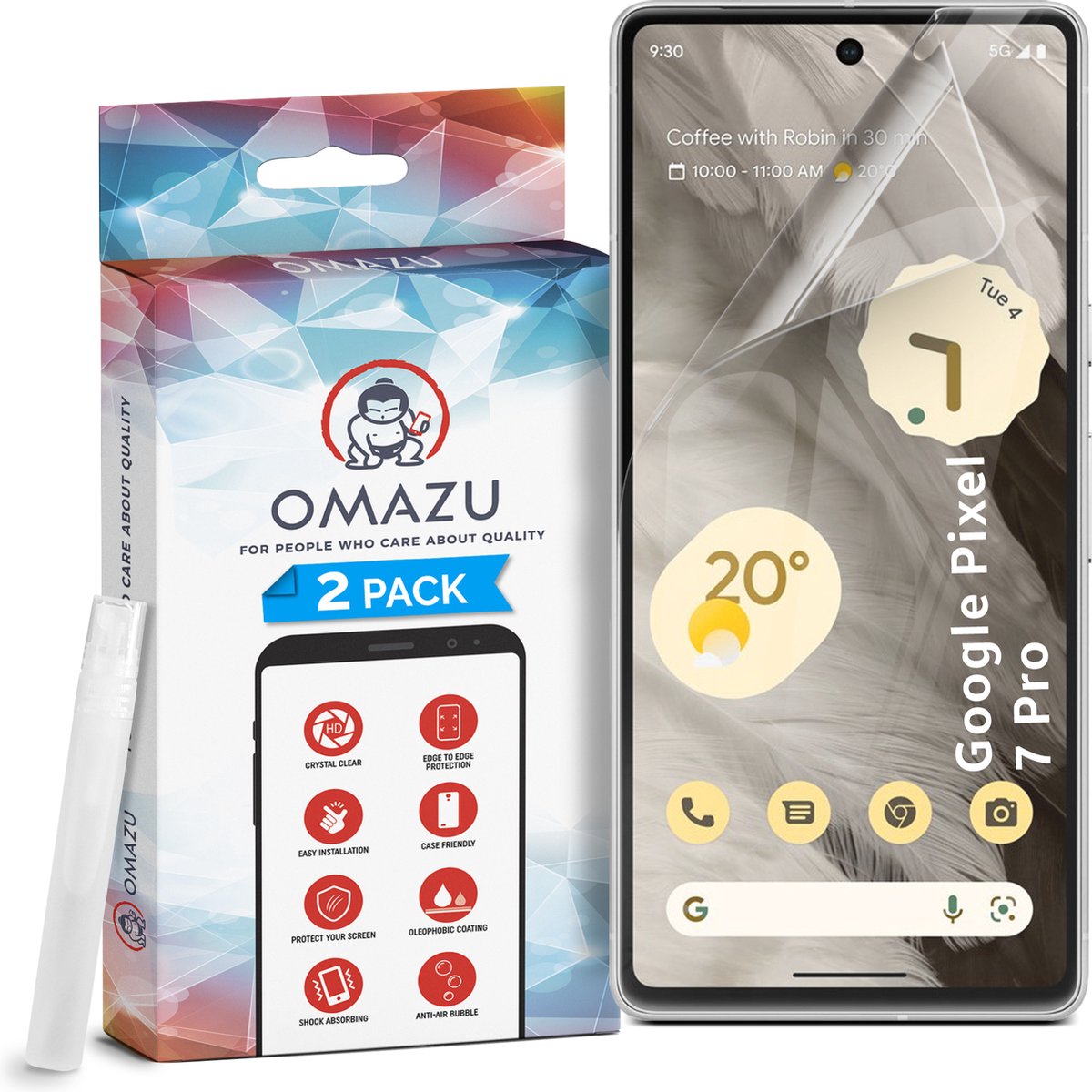 Google Pixel 7 Pro, (6,7 inch) OMAZU 3D Flex TPU Screenprotector, 2 Pack (100% vingerafdruk scanner compatible) met kras herstellende coating, Edge to Edge bescherming, Geen Glazen protector, Onze Folie is Sterker