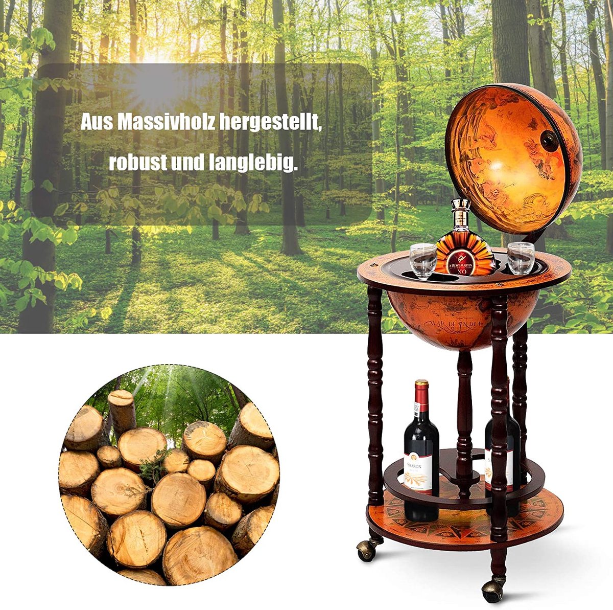 COSTWAY Barwagen, Eucalyptushouten Globebar, Antieke Wereldbol Wijnbar Wijnrek Met Wielen Standaard 16e Eeuw Italiaan Barkasten Wijnkast Huisbar Decoratiebar Retro Bruin