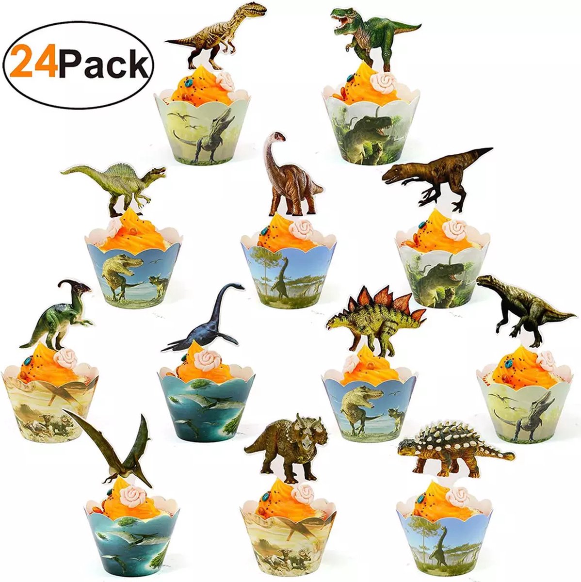 24 caissettes + 24 décorations de cake dinosaure - Accessoires