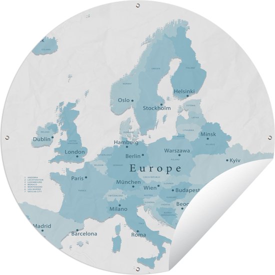 Tuincirkel Kaart van Europa met hoofdsteden in blauw - 90x90 cm - Ronde Tuinposter - Buiten