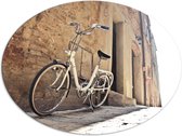 WallClassics - Dibond Ovaal - Witte Fiets geparkeerd in Steegje - 108x81 cm Foto op Ovaal (Met Ophangsysteem)