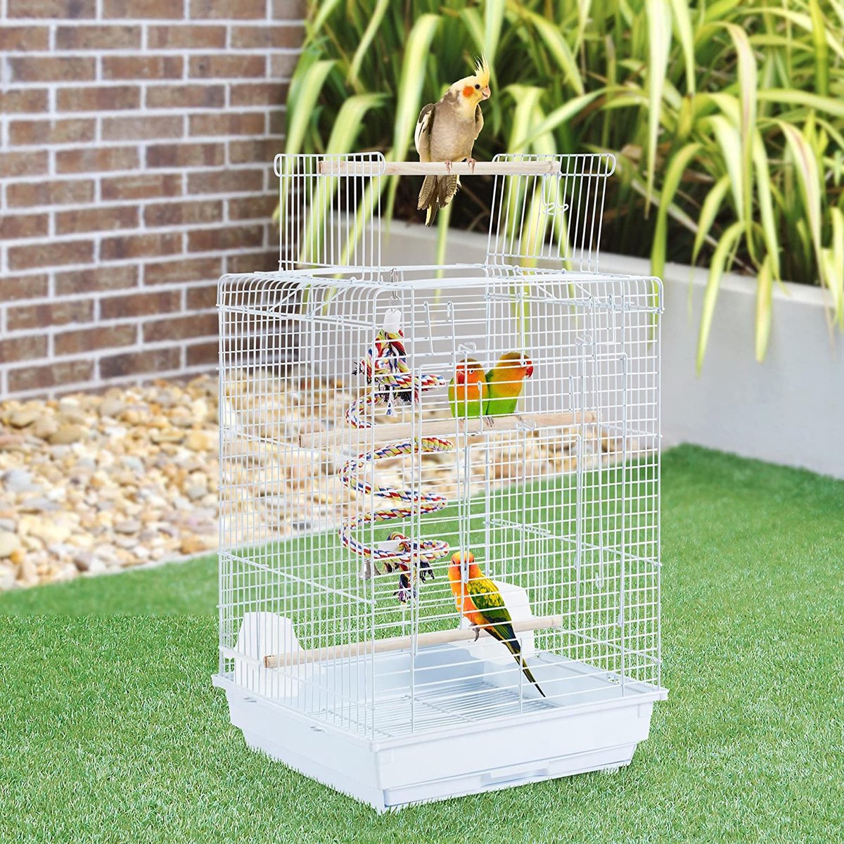Papa Simba Vogelkooi met vogelspeelgoed, parkietenkooi, valkparkieten, vinkt, papegaaienkooi met dak, 40 x 40 x 58 cm , wit, HMTM-BC-10005-White thumbnail 6