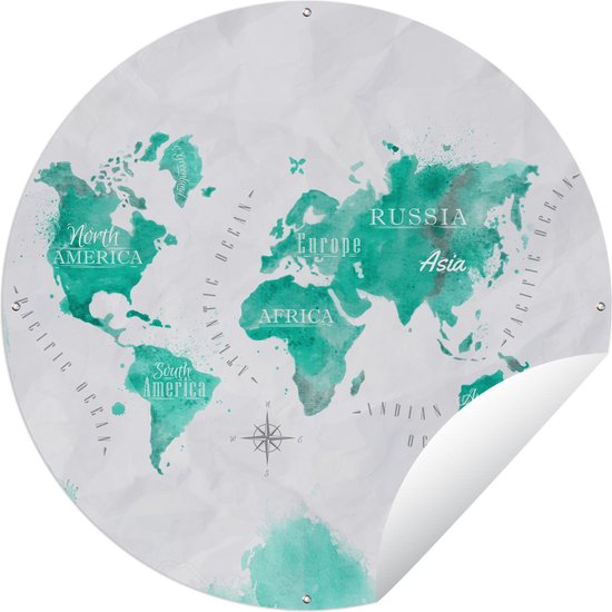 Tuincirkel Waterverf - Wereldkaart - Turquoise - 120x120 cm - Ronde Tuinposter - Buiten XXL / Groot formaat!