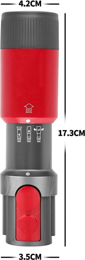 Rood en grijs hulpstuk (17.3x4.2x3.5cm) met rode knop en pictogrammen.