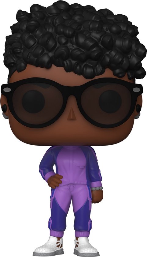 Shuri Funko Pop! figuur in paars en blauw joggingpak, met zwarte krullende pruik en bril.