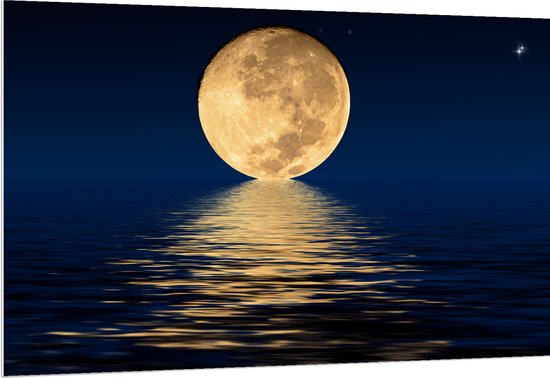 PVC Schuimplaat- Grote Volle Maan in Heldere Nacht Zakkend in de Zee - 150x100 cm Foto op PVC Schuimplaat