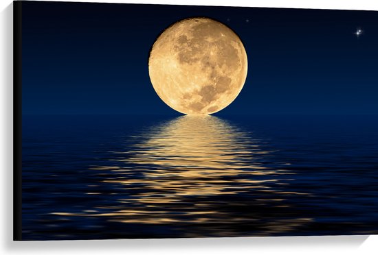 Canvas - Grote Volle Maan in Heldere Nacht Zakkend in de Zee - 90x60 cm Foto op Canvas Schilderij (Wanddecoratie op Canvas)