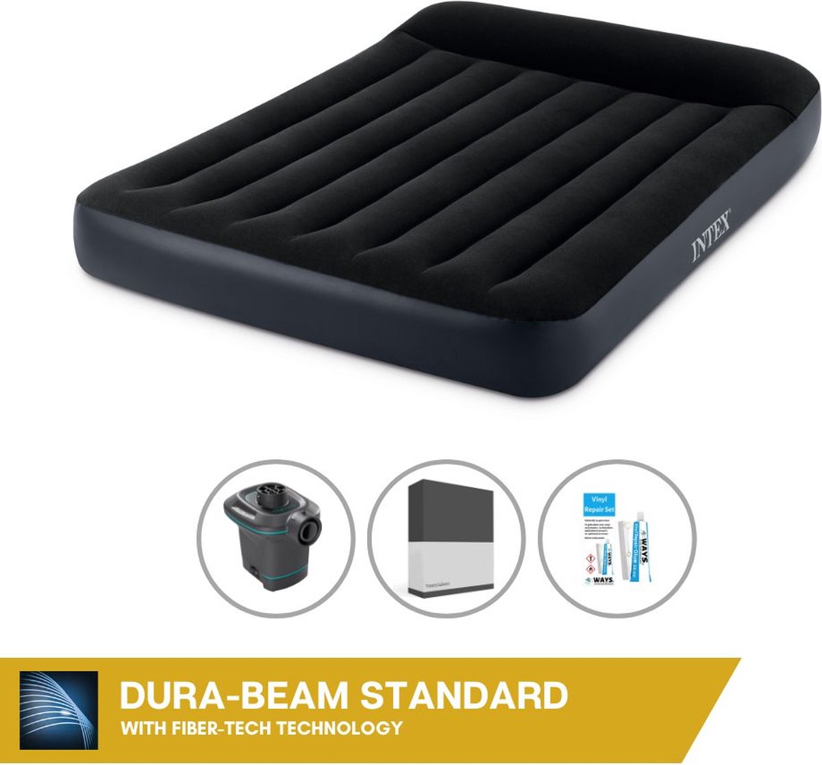 Intex Luchtbedset - Twijfelaar - 137 x 191 x 25 cm - Blauw + Intex Elektrische Pomp - 650 Liter/min + Hoeslaken Zwart + Reparatieset