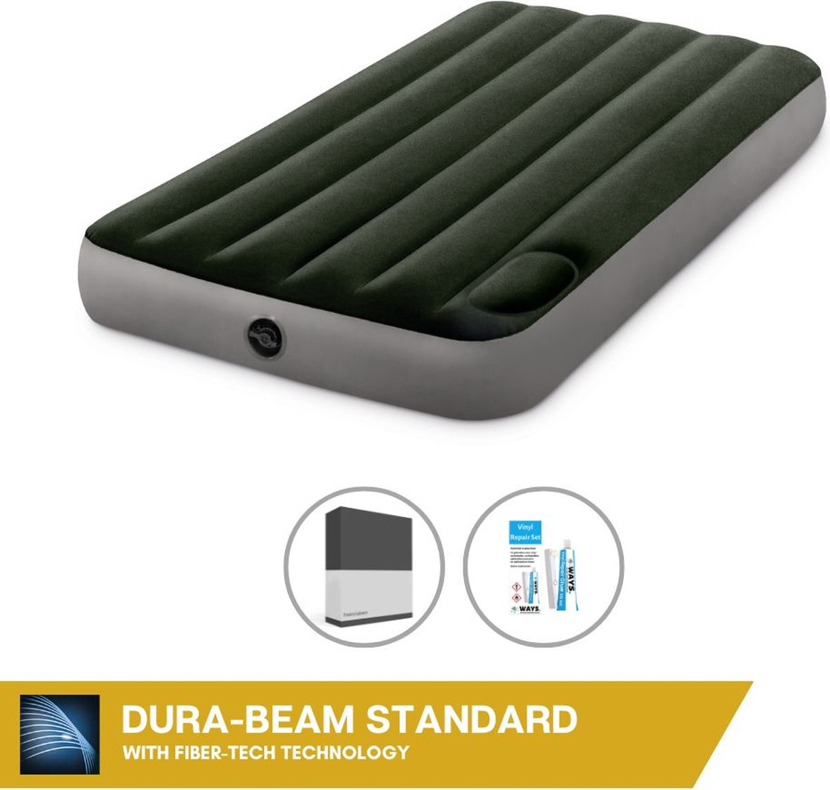 Intex Luchtbed - 1-Persoons - 99 x 191 x 25 cm - Groen - Met ingebouwde voetpomp + Hoeslaken Zwart + Reparatieset