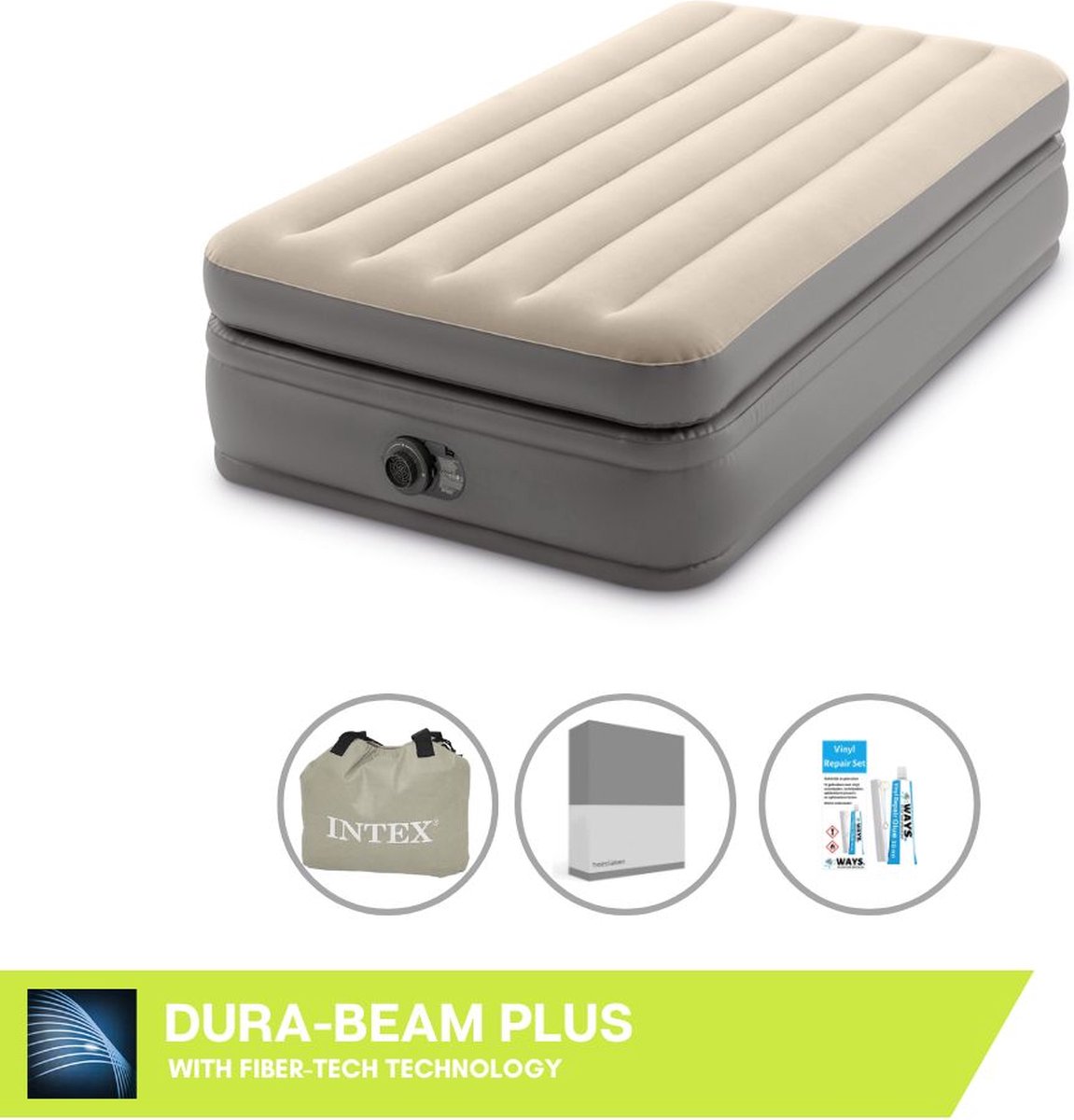 Intex Luchtbedset- 1-Persoons - 99 x 191 x 51 cm - Grijs - Met Ingebouwde pomp + Hoeslaken Antraciet + Reparatieset
