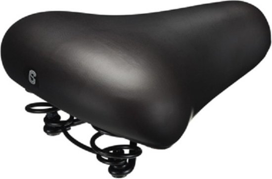 Zwart fietszadel met comfortabele vulling en dubbele veren voor schokabsorptie.