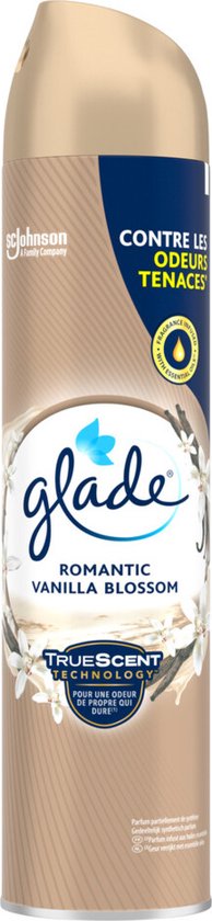 Glade Romantische Vanillebloesem luchtverfrisser. Beige spuitbus met 'glade' logo, bloemen en vanillepeulen.