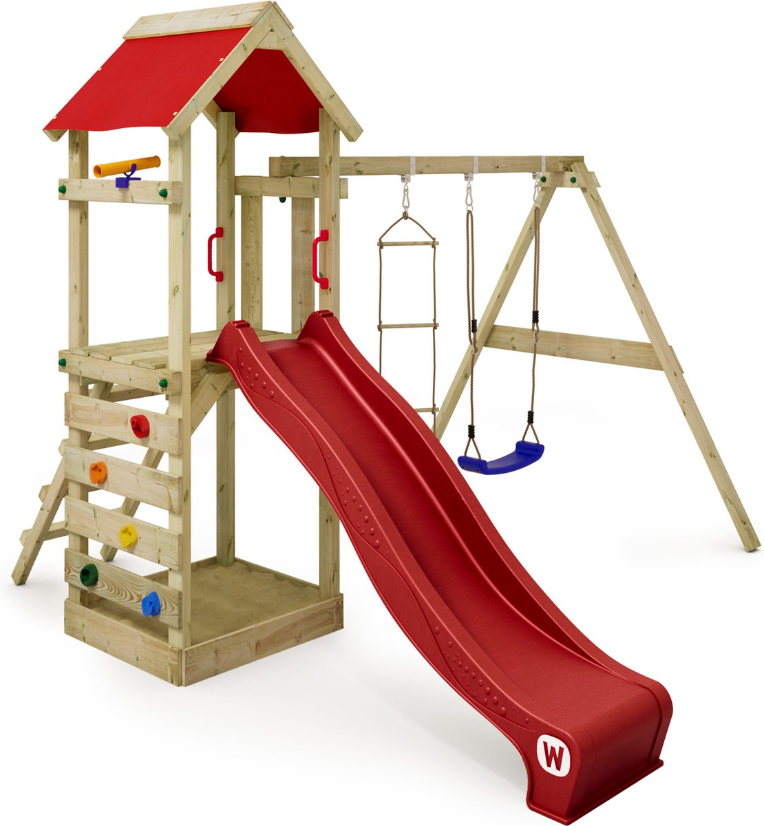 WICKEY speeltoestel klimtoestel FreeFlyer met schommel en rode glijbaan outdoor speeltoestel voor kinderen met zandbak ladder en speelaccessoires voor de tuin