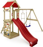 WICKEY speeltoestel klimtoestel FreeFlyer met schommel en rode glijbaan, outdoor speeltoestel voor kinderen met zandbak, ladder en speelaccessoires voor de tuin