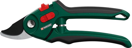 Parkside Tuinschaar - Bypass Snoeischaar - Materiaal lemmet: koolstofstaal - Afmetingen: 20,5 x 6,8 x 2,2 cm - Aanpassing aan de handen door verstelbare openingsbreedte - Aangenaam werken door antislip comforthandvatten - Eénhands veiligheidssluiting