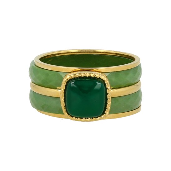 My Bendel - Mooie groene / goudkleurige ringenset - My Bendel - Groene ringen set met keramiek en groen Agaat edelsteen - Met luxe cadeauverpakking