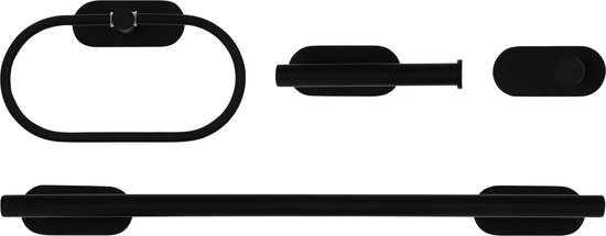 QUVIO Badkamer accessoires - Set van 4 - Handdoekstang - Toiletrolhouder - Handdoekhouders - Handdoekhaakjes - Handdoekring - Voor aan de wand - RVS - Zwart