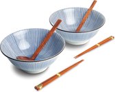 Luxe - Ramenbowlset - Tokusa - 2 Persoons - Compleet set - Ramen bowl set - 6 delig - Blauw - Ø22 cm | H9 cm - Ramen - Ramen bowl - Sushi stokjes - Chopsticks - Eetstokjes - Houten lepel - Soeplepel - Kom - 100% Porselein - Schaal - Sushi servies