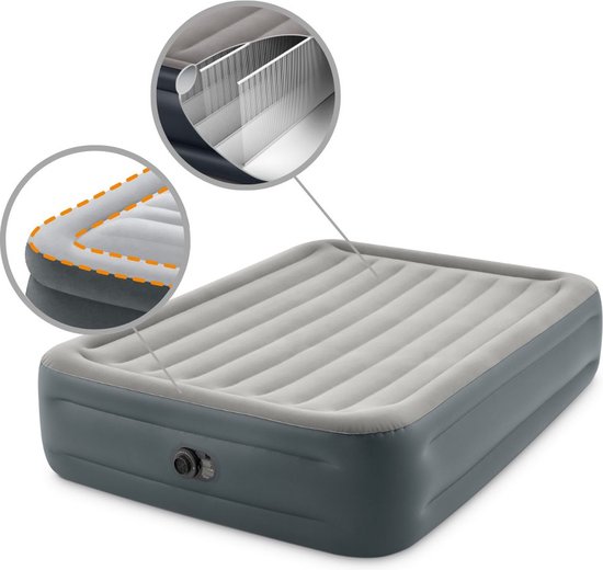 Intex Airbed Set - 2-Person - 152 x 203 x 46 cm - Grijs - Avec Pompe intégrée + Hoeslaken Anthracite + Kit de réparation