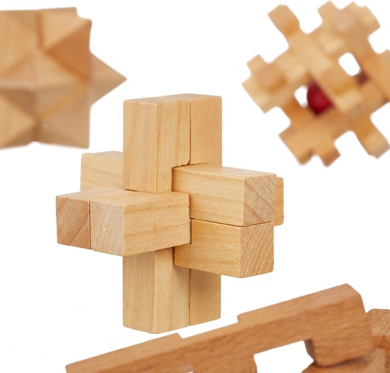 Thumbnail van een extra afbeelding van het spel Relaxdays houten denkpuzzels - set van 6 - denkspellen - volwassenen - iq puzzels - kubus