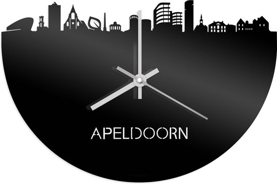 Skyline Klok Apeldoorn Zwart Glanzend - Ø 40 cm - Stil uurwerk - Wanddecoratie - Meer steden beschikbaar - Woonkamer idee - Woondecoratie - City Art - Steden kunst - Cadeau voor hem - Cadeau voor haar - Jubileum - Trouwerij - Housewarming -