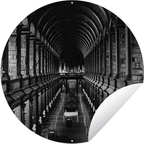 Tuincirkel Bibliotheek van het Trinity College in Ierland - zwart wit - 150x150 cm - Ronde Tuinposter - Buiten