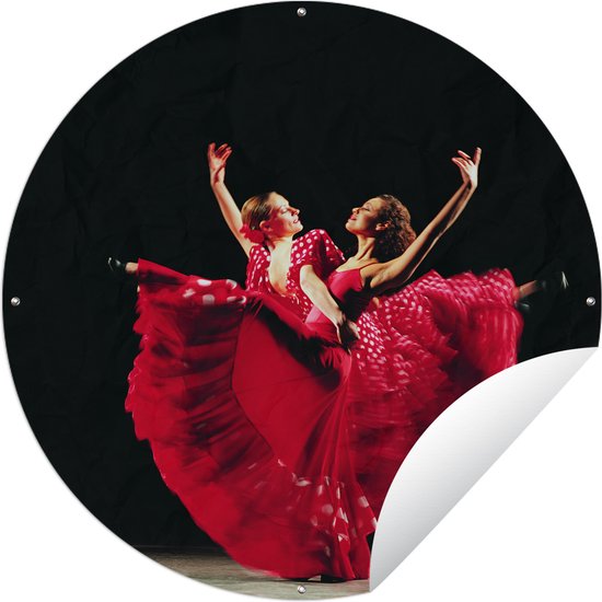 Tuincirkel Twee vrouwen die de flamenco dansen op een zwarte achtergrond - 60x60 cm - Ronde Tuinposter - Buiten