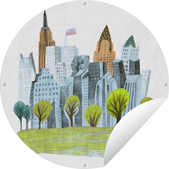 Tuincirkel New York - Skyline - Tekenen - 120x120 cm - Ronde Tuinposter - Buiten XXL / Groot formaat!