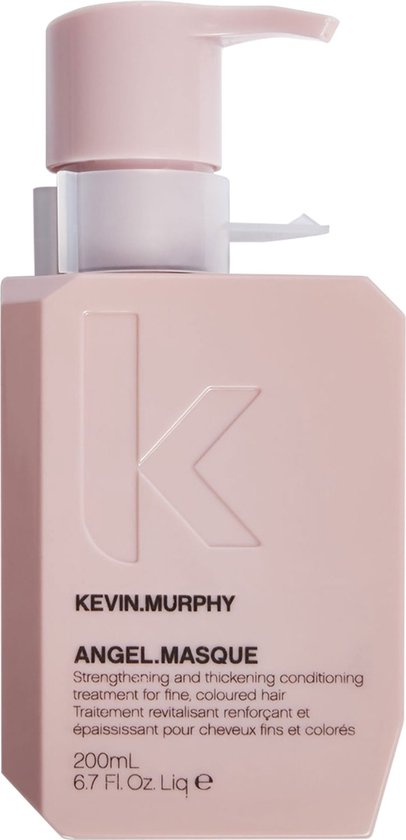 Een roze fles met pompdispenser van KEVIN.MURPHY ANGEL.MASQUE, met de tekst 'Strengthening and thickening conditioning treatment for fine, coloured hair'.