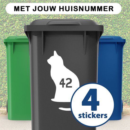 Container Stickers - Voordeelset 4 stuks - 15x20 cm - Container / Kliko sticker huisnummer - afvalcontainer sticker - klikosticker - wit- kat zittend