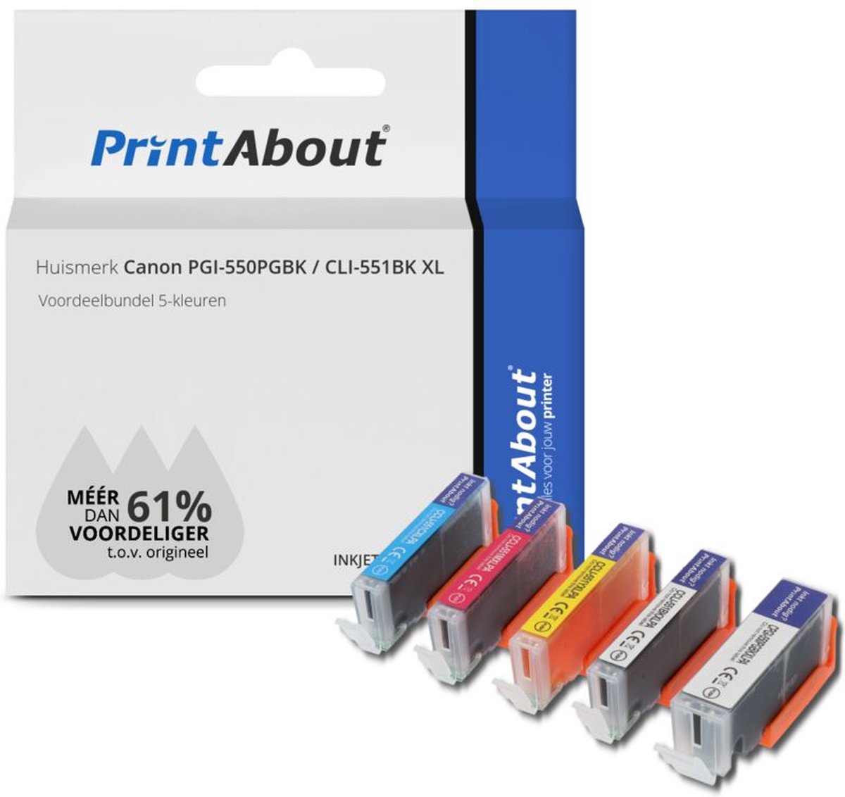 PrintAbout - Inktcartridge / Alternatief voor de Canon CLI-551BK XL / 5 Kleruen