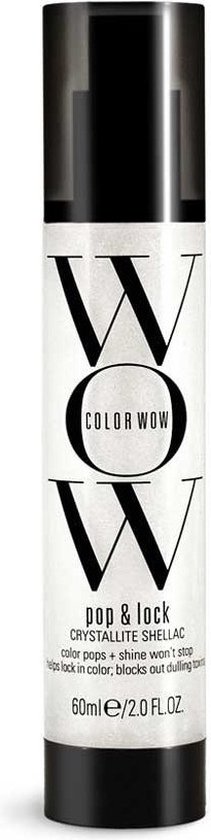 Een flesje Color Wow Pop & Lock Crystallite Shellac, 60 ml, met een zilveren glinsterende finish.