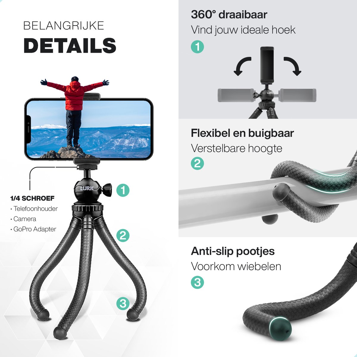 LURK® 3 in 1 Flexibele Octopus Tripod statief voor smartphone & (actie)camera - Incl. telefoonklem en bluetooth afstandsbediening  - 25 cm thumbnail 8