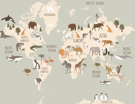 Poster toile carte du monde animaux - chambre d'enfant - carte du monde des animaux