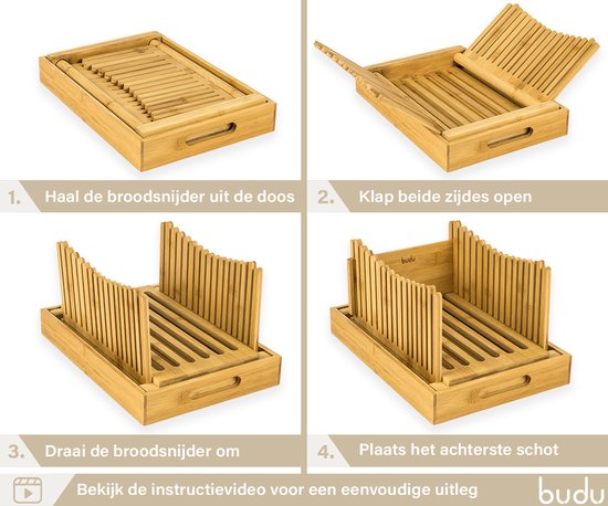 Collage van 4 afbeeldingen die de Budu broodsnijder in elkaar zetten: uit de doos halen, zijden openklappen, omdraaien, achterste schot plaatsen.