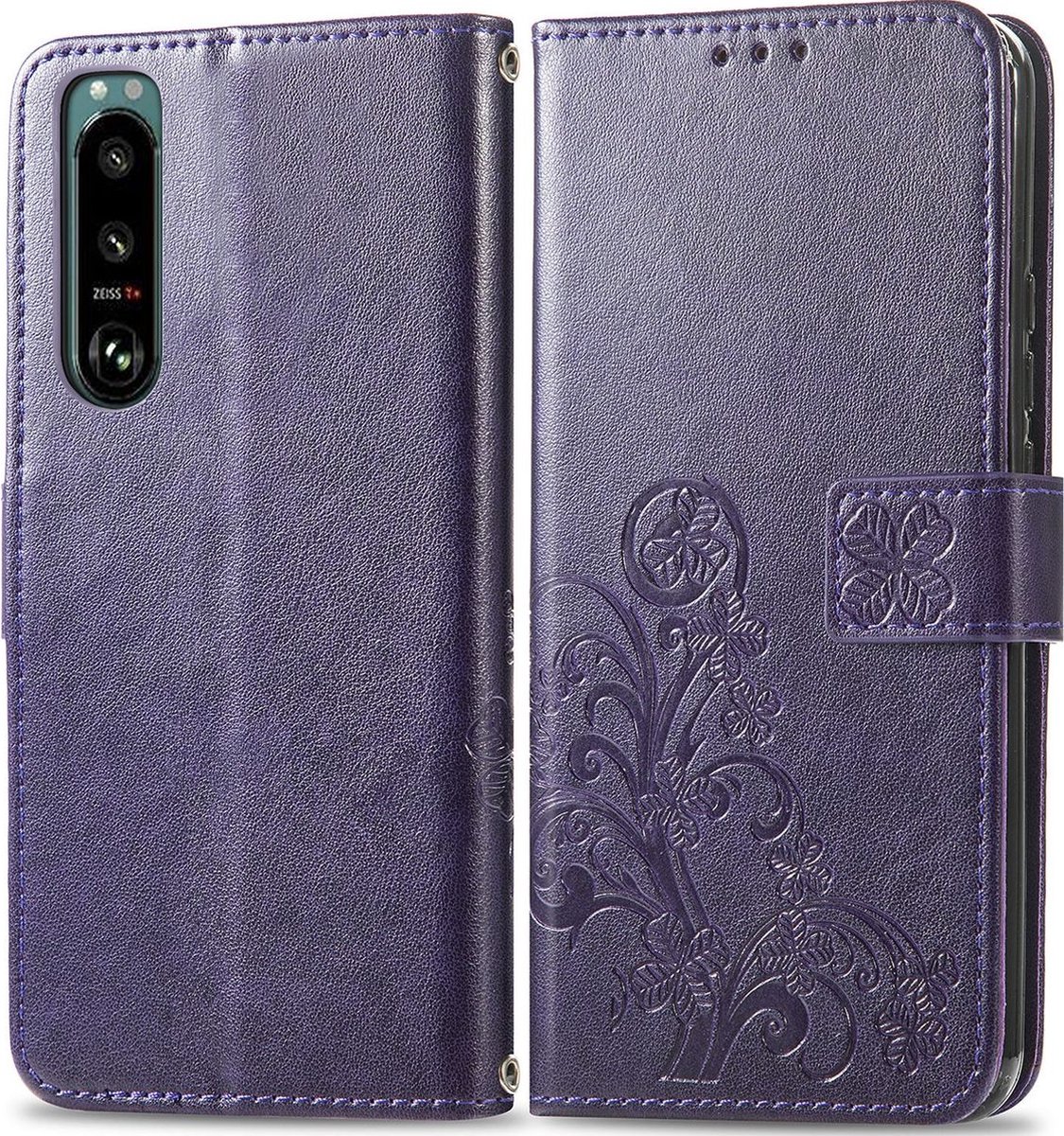 Mobigear Telefoonhoesje geschikt voor Sony Xperia 5 IV Hoesje | Mobigear clover Bookcase Portemonnee | Pasjeshouder voor 3 Pasjes | Telefoonhoesje voor Pinpas / OV Kaart / Rijbewijs - Paars