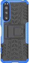Mobigear Hoesje geschikt voor Sony Xperia 5 IV Telefoonhoesje Hardcase | Mobigear Tire Backcover Shockproof met Standaard | Schokbestendig Xperia 5 IV Telefoonhoesje | Anti Shock Proof - Zwart / Blauw