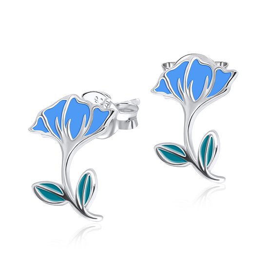 Joy|S - Zilveren Hibiscus oorbellen - blauwe bloem - 10 x 14 mm - oorknoppen