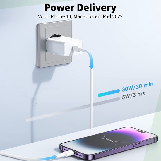 Chargeur rapide USB C 30 W + chargeur iPhone - 2 mètres - Convient pour iPhone 14/13/12/11/Xr/Xs/Xs Max/8/8 Plus/ iPad Pro - Prise de charge iPhone