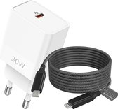 30W Power Adapter + Nylon Geschikt voor iPhone Oplader Kabel - 3 Meter - Zwarte Oplaadkabel - Witte Adapter