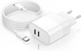 35W USB-C Stekker + 1 Meter Kabel Geschikt voor Apple iPhone - Snellader met 2 USB C Poorten - Oplader Adapter