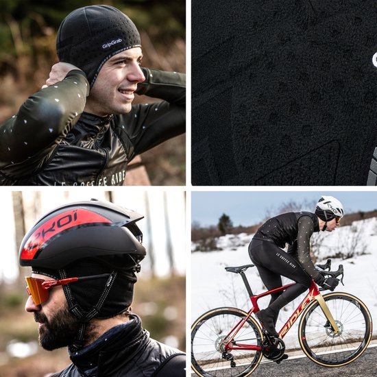 Een man met een zwarte fietsmuts met witte stipjes, een groen jack en een helm. Close-up van de stof.