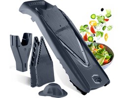 Börner Mandoline V5 PowerLine - Inclusief Opbergbox - 6-delige set - 7 snijdiktes - Geschikt als Frietsnijder, Julienne, Brunoise - BPA-vrij en Roestvrij - Grijs