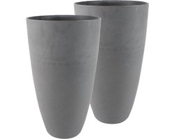 Hoge bloempot/plantenpot gerecycled kunststof/steenpoeder - 2x stuks - donkergrijs - dia 29 cm en hoogte 50 cm - Binnen en buiten