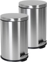 2x stuks RVS prullenbakken/pedaalemmers met 5 liter inhoud - badkamer/toilet/keuken - Zilver - Formaat 28 x 20 cm